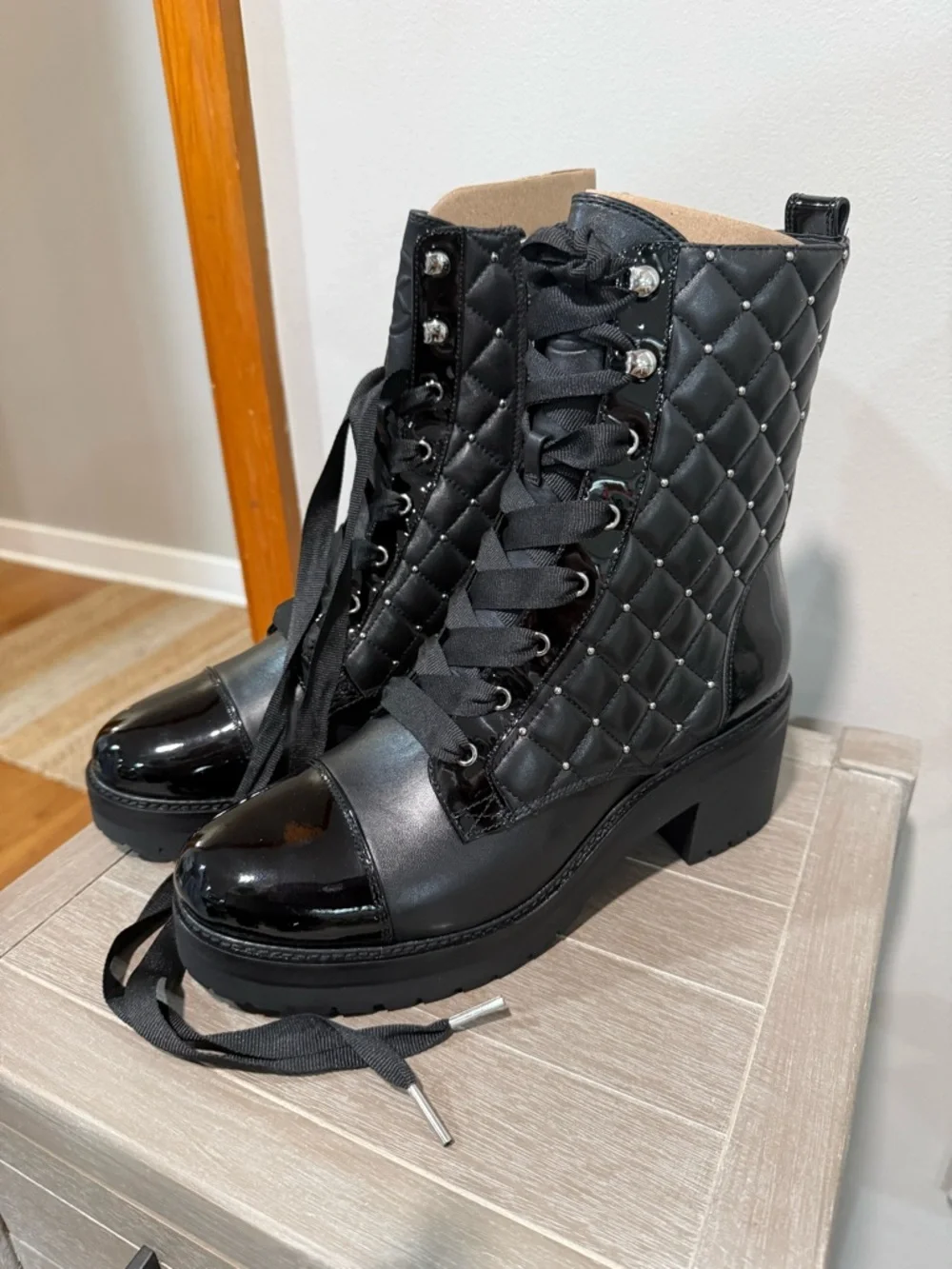 Michael Kors Black Quilted Lace-Up Combat Boots - Picture 2 of 5